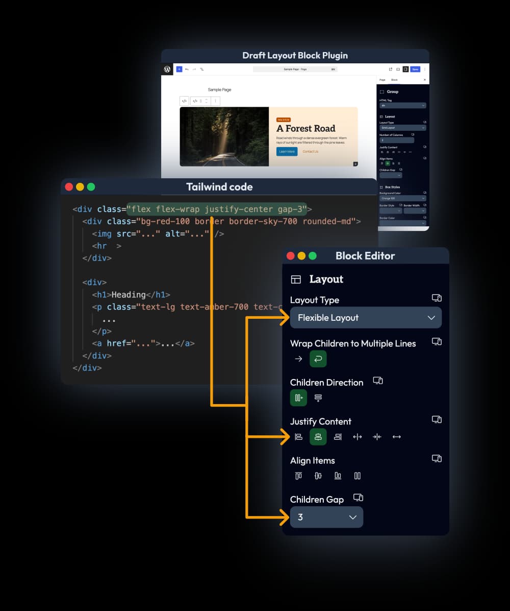 Tailwind HTML code made visually editable in a WordPress drag-and-drop site builder