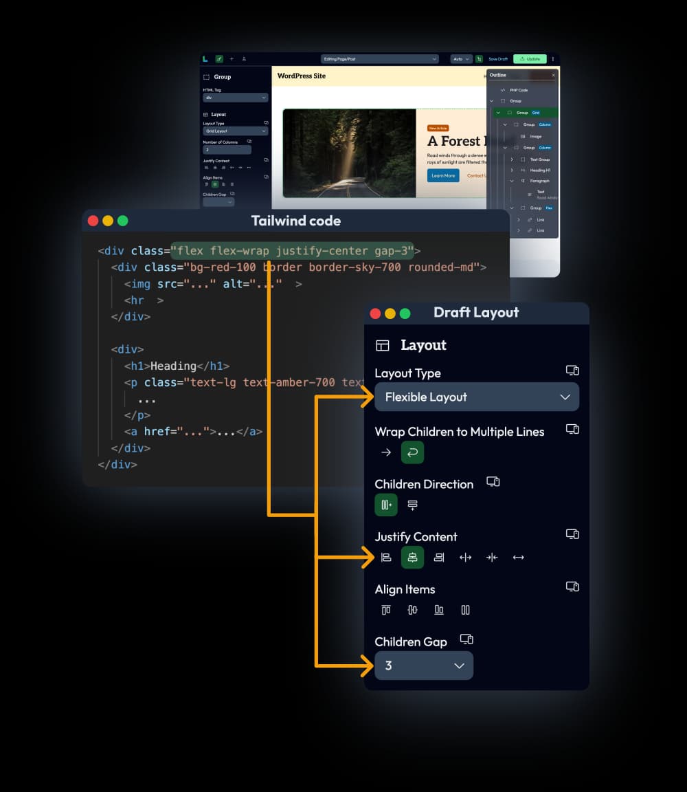 Tailwind HTML code made visually editable in a WordPress drag-and-drop site builder