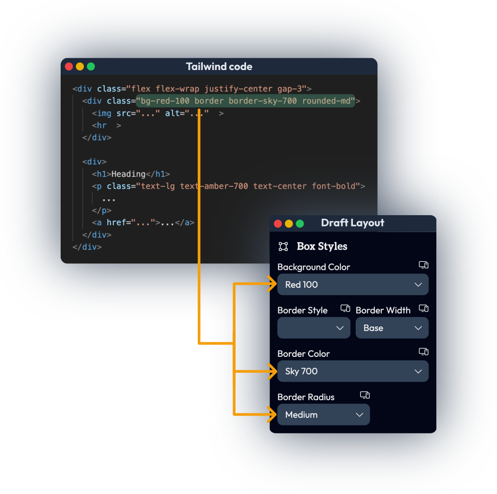 dl-box Illustration of Tailwind HTML code being automatically converted for WordPress visual editing