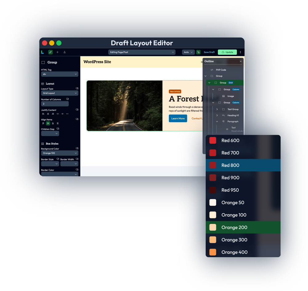 dl-editor-1 Illustration of Tailwind HTML code being automatically converted for WordPress visual editing