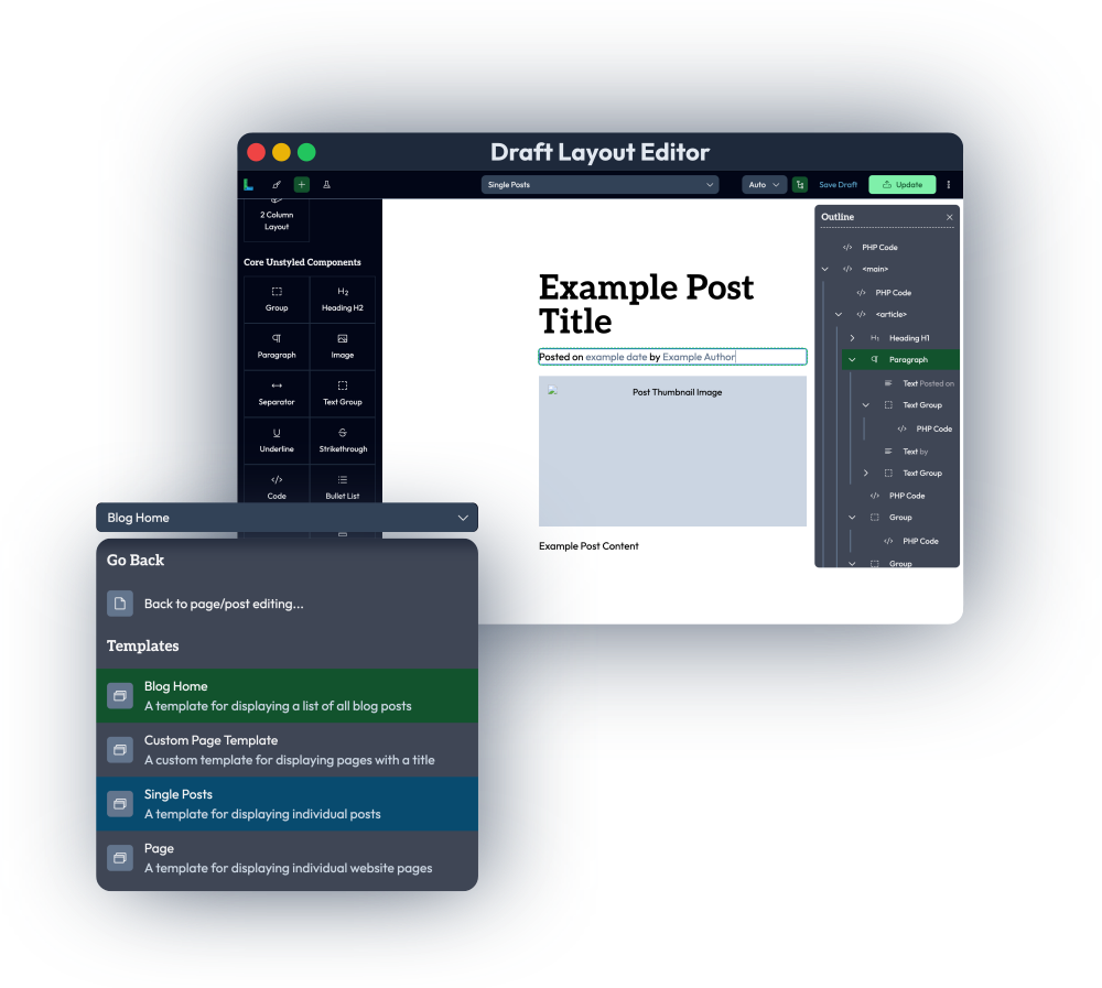 dl-editor-2 Illustration of Tailwind HTML code being automatically converted for WordPress visual editing