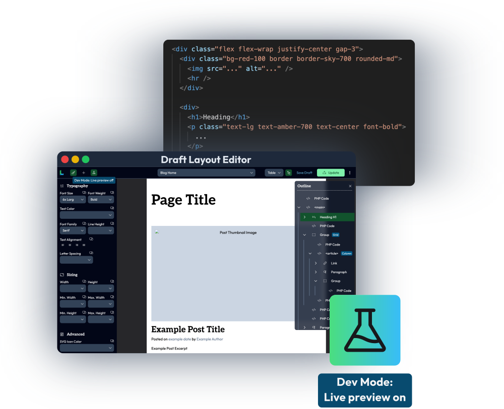 dl-editor-4 Illustration of Tailwind HTML code being automatically converted for WordPress visual editing