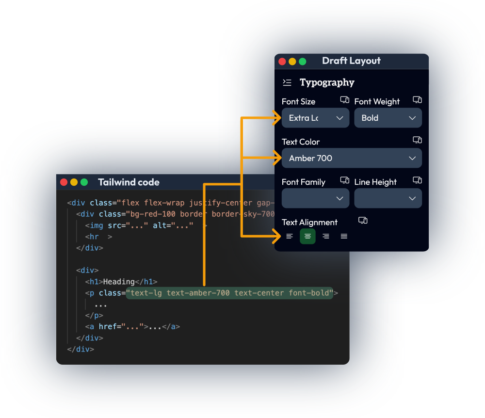 Tailwind text styles and classes mapped to WordPress visual editor fields and UI controls